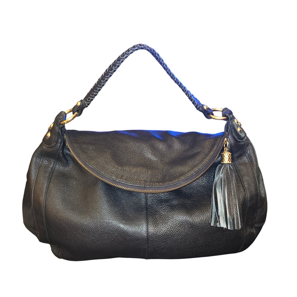 Onna Ehrlich Rachel Hobo Bag Womens XL Black Pebbled Leather Tassel Whipstitch